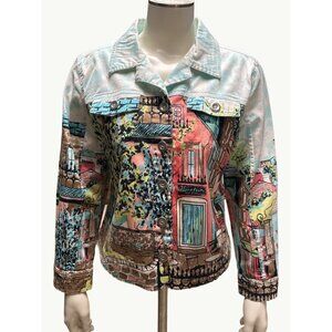Christopher & Banks PM Stretch Jacket Colorful Town Print Button Up Front
